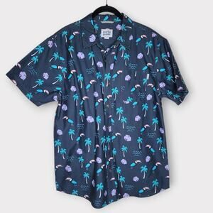 Party Pants Blue Toucan Tropical Leaf Print Short Sleeve Button Down Men’s Large